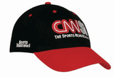 A black and red baseball cap with a logo and text on the front and side.