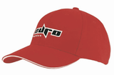 A red cap featuring a black logo and a contrasting white sandwich trim on the brim.
