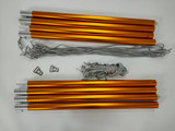 An assortment of orange camping canopy poles, grey ropes, and metal hooks arranged neatly on a white background.