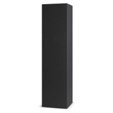 A product display stand in a sleek black finish, featuring a tall, rectangular design with a textured surface.