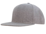 A grey flat peak cap with a structured design and a subtle texture, featuring a logo.