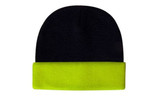 A luminescent safety acrylic beanie in black with a bright yellow cuff and a logo.