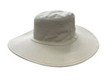 A white canvas hat with a wide brim and a rounded crown, featuring a logo on the side.