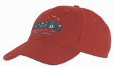 A red college cap featuring embroidered green buildings and birds against a blue background. It has a logo on the side.