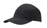 A black sports cap with a curved brim and a simple design, featuring a logo on the side.