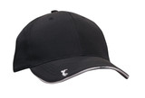 A black cap with a curved peak and contrasting stitching, featuring a small logo on the side.