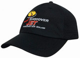 A black cap with a logo and embroidered text, featuring sporty mesh fabric and a curved brim.