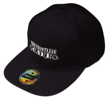 A black snapback cap featuring a logo and a flat visor. The cap has a premium American twill finish.