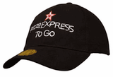 A black cap featuring a red star and white embroidered text, along with a logo on the side.