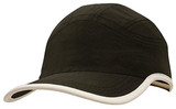 A black microfibre sports cap with a white trim along the edge of the crown and peak. It features a logo.