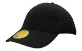 A black cap featuring mesh panels and a round logo patch on the front.