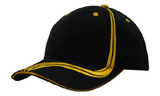 A black cap featuring waving yellow stripes on the crown and peak, with yellow stitching and buttons.