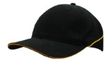 A black cap with crown piping and sandwich design, featuring a contrasting yellow trim. It has a logo.