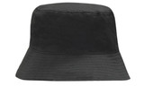 A black breathable poly twill bucket hat with a wide brim and a smooth surface, featuring a logo.