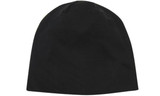 A black cotton beanie with a simple design and a logo on it.