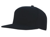 A black premium American twill A-frame cap with a flat brim and an adjustable back. Features a logo on the front.