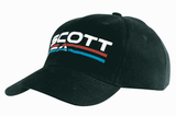A black cap featuring embroidered text in white, red, and blue, with a logo on the front.