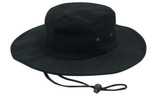 A black brushed heavy cotton hat with a wide brim and adjustable chin strap, featuring ventilation eyelets.