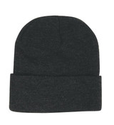 Acrylic beanie in dark grey with a folded cuff. The beanie has a simple design and features a logo.