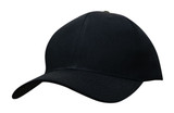 A black cotton twill cap with a curved brim and a logo on the side.