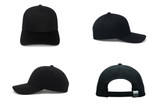 A black cotton twill cap with a buckle, displayed from multiple angles, including front, back, and sides.