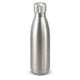 A drink bottle with a sleek stainless steel design, featuring a polished finish and a rounded cap.