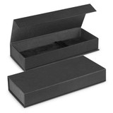 A black gift box with a removable lid, designed to hold a pen or similar item.