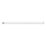 A carpenter's pencil in white with a sharpened graphite tip, featuring a simple design and a branding logo.