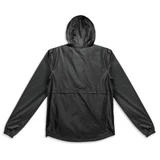 A unisex windbreaker in black with a hood and long sleeves, featuring a logo on the back.
