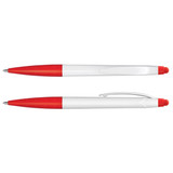 A stylus pen with a white barrel and red accents, featuring a clip and a smooth writing tip.