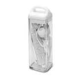 A clear container holding white Tycho Bluetooth earbuds with a control module and tangled wires inside.