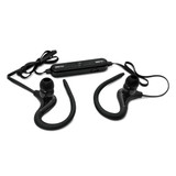 Bluetooth earbuds with a sleek black design, featuring ear hooks for secure fit and an in-line remote control.
