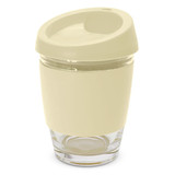 A drink bottle featuring a cream-coloured lid and a transparent glass base, with a logo on the side.
