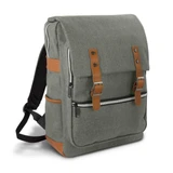A green backpack with brown straps and a zippered front pocket, featuring a logo on the exterior.