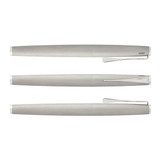 A metallic silver Lamy Studio Rolling Ball Pen displayed from multiple angles, featuring a sleek design and clip.