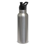 A drink bottle in stainless steel with a black spout and handle, featuring a logo on the side.