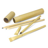 A kraft pen and pencil set featuring four writing instruments and a matching cylindrical container, all in a natural brown colour.