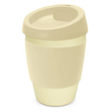 A drink bottle in a soft beige colour, featuring a curved lid and textured body, with a logo displayed.