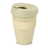 A drink bottle featuring a double wall design in beige with a matching silicone band and a lid. It has a logo.