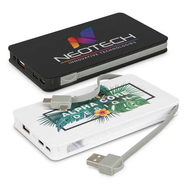 A black and white power bank with a USB cable attached, featuring a logo on the black side and a design on the white side.