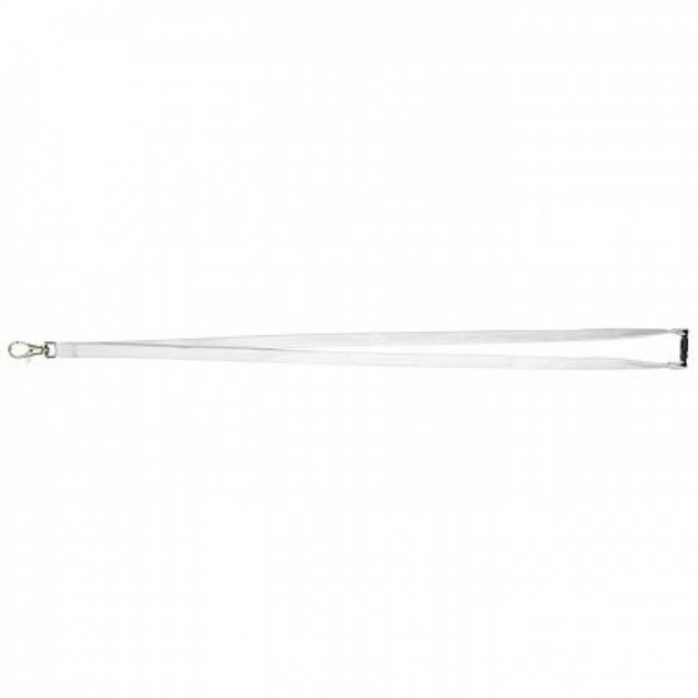 A white lanyard with a hook attachment and a branding logo, ideal for exhibitions and events.