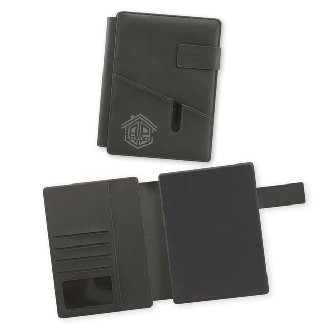 A dark green portfolio with a strap closure, featuring interior pockets and a blank notepad inside.