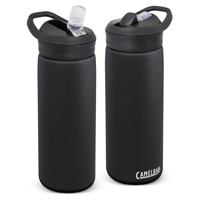 A drink bottle in black with a sip lid and an attached handle, featuring a logo on the base.