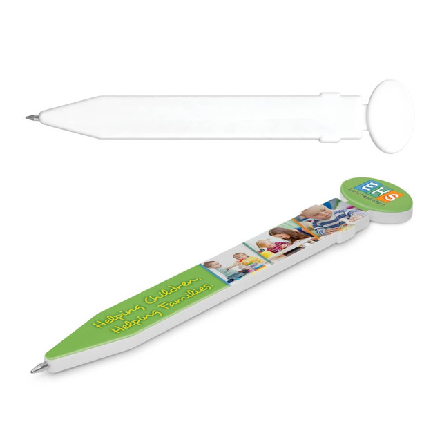 A plastic pen in white featuring a rounded top and a green design with images and branding.