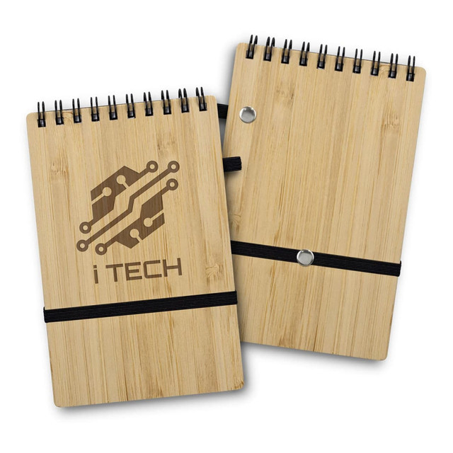 A bamboo notepad featuring a logo, with a spiral binding and an elastic band for closure.