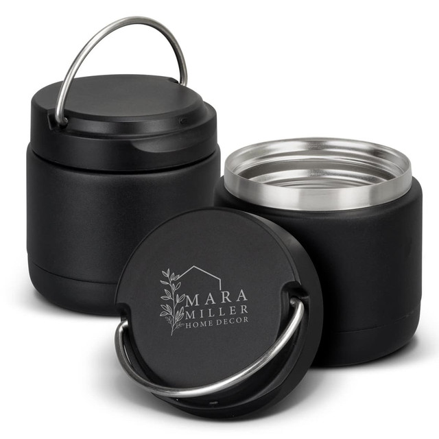 A drink bottle in matte black with a stainless steel interior, featuring a handle and a branding logo.