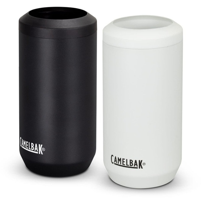 A drink bottle set featuring two CamelBak Horizon Can Cooler Mugs in black and white, both with a logo.
