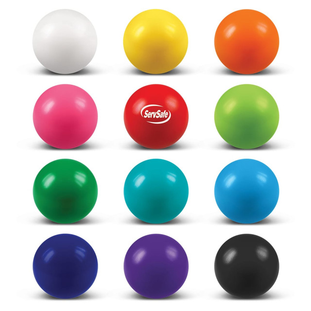 A variety of round stress balls in multiple colours, including white, yellow, orange, pink, green, blue, and purple, with one logo.