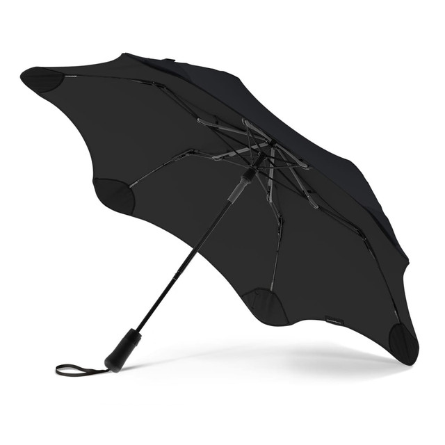 A black UV umbrella with a sleek design and a sturdy handle, featuring a logo on the canopy.