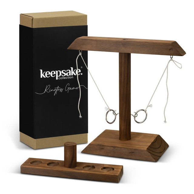 A wooden ring toss game set with a stand and five rings, displayed with a black and brown box featuring a logo.